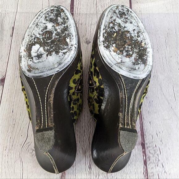 Cole Haan D17490 Green Leopard Print Pony Hair Wedge Mules Clogs - Picture 7 of 9